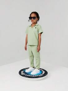 SHEIN 2pcs/Set Kids Boys Summer Casual Pullover Short Sleeve Top And Pants Set,Suitable For School,Garden,Beach,Birthday,Spring,Autumn,Winter Seasons - Mint Green - View 1