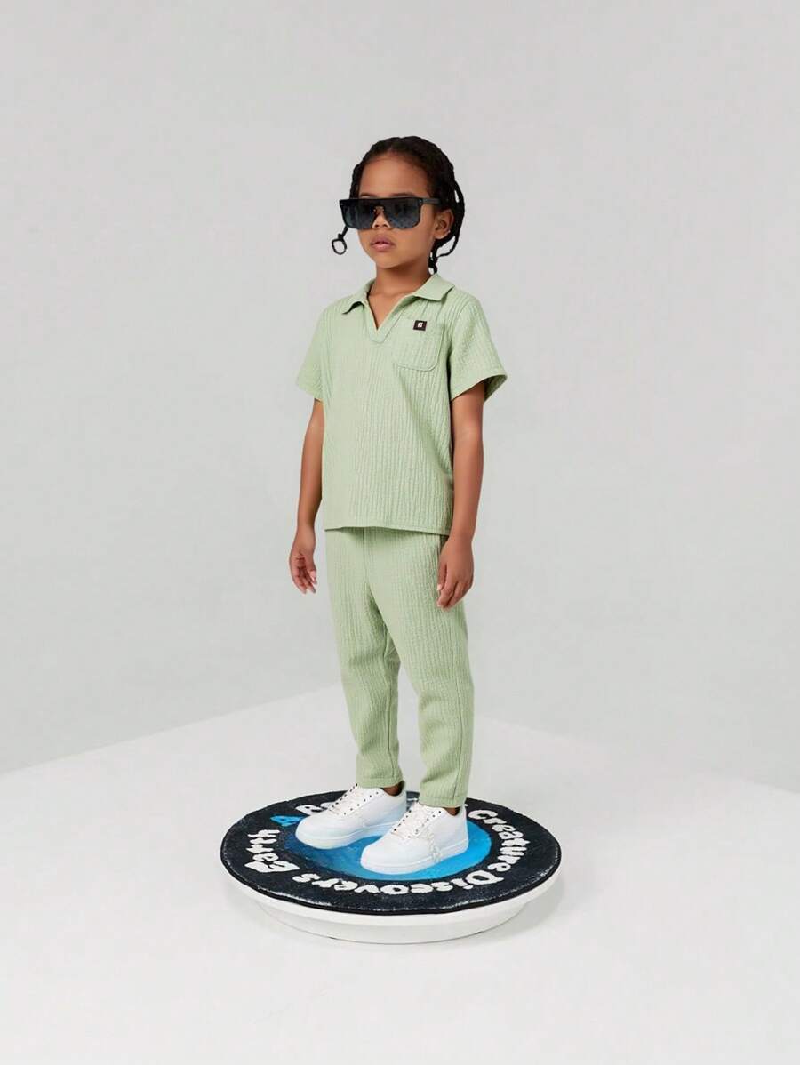 SHEIN 2pcs/Set Kids Boys Summer Casual Pullover Short Sleeve Top And Pants Set,Suitable For School,Garden,Beach,Birthday,Spring,Autumn,Winter Seasons - Mint Green - View 1
