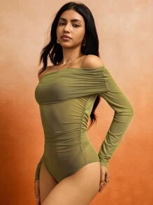 Roylia Green INS Mesh Off Shoulder Fashionable Elegant Sexy Bodysuit - Green - View 6