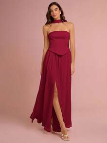 Enchnt Women's Solid Color Minimalist Casual Split Hem Dress,Wedding Guest Dress - Burgundy - View 6