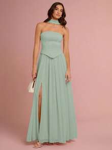 Enchnt Váy Bandeau nhún bèo xẻ cao thời trang nữ lãng mạn thường ngày - Màu xanh Bạc hà - Xem 4