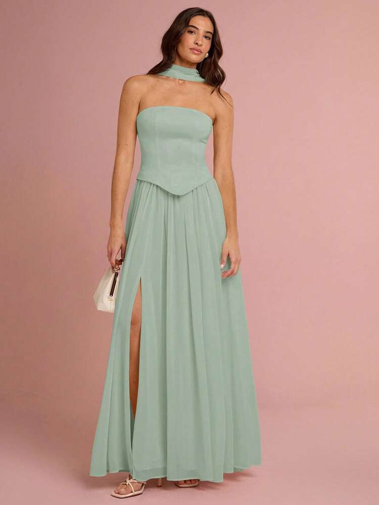 Enchnt 女士时尚休闲浪漫高开叉褶饰抹胸连衣裙 - 薄荷綠 - 查看 4