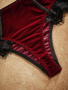 PinupPomp Sexy Contrast Color Lace Patchwork Underwire Bra And Panty Set - Burgundy - View 4