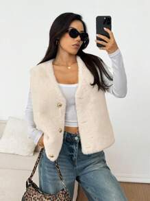 SHEIN EZwear 秋冬休闲时尚百搭无袖纽扣保暖女式仿皮草大衣 - 白色 - 查看 7