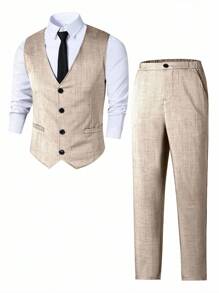 SHEIN 2 件套青少年男孩绅士装，包括灰色修身背心 + 休闲长裤，优雅正式服装，适合生日、婚礼、毕业典礼、派对、婚礼嘉宾、花童、戒指男孩 - 卡其色 - 查看 3