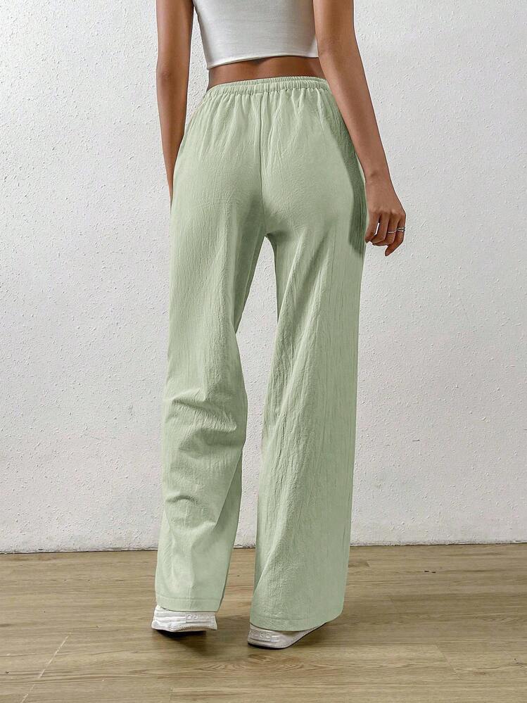 SHEIN EZwear Summer Solid Color Textured Crinkle Fabric Loose Drawstring Tie Waist Pure Cotton Casual Vacation Wide Leg Pants, Plus Size - Green - View 2