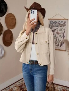 LanaWest 前扣贴袋短款夹克，女士春/秋休闲纽扣、口袋落肩领常规版型杏色纯色女士夹克，休闲日常穿着 - 杏色 - 查看 5