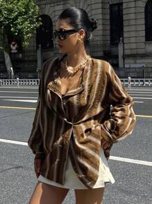 DAZY Vintage Vertical Striped Loose Fit Asymmetric Collar Long Sleeve Shirt Fall,Winter - Brown - View 6