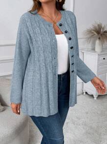 Cárdigan casual de punto con botones y detalle de nudo para tallas grandes - Neblina azul - Ver 5