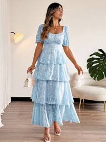 Vionelle 女士加大码优雅度假方领蝴蝶结露背多层荷叶边蝴蝶袖连衣裙 - 藍色 - 查看 8