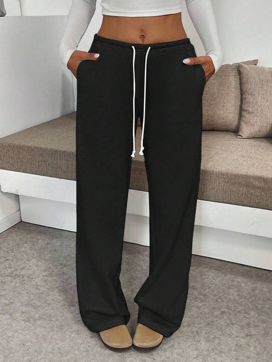Flirla Tall 女款高腰寬腿褲,黑色冬季休閒居家抽繩鬆緊腰寬鬆舒適長褲,修飾身形秋季布料,適合高個女性 - 黑色 - 查看 1