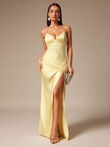 Silquee 女式纯色细肩带无袖开衩连衣裙 - 黃色 - 查看 4