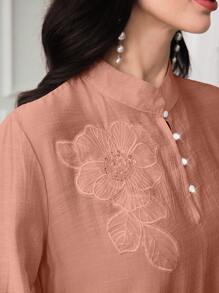 Al Najma 女式立领长袖连衣裙，带贴花和网眼拼接，宽松版型 - 藕粉色 - 查看 7