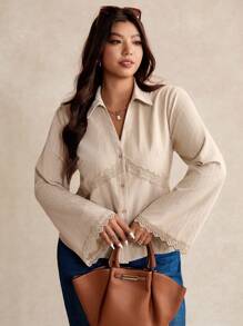 Elaquor Plus Size Women's Fashionable Elegant Lace Patchwork Button Down Long Sleeve Shirt Clothes For Women Spring - Apricot - View 6