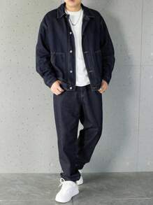 Manfinity Homme Bộ đồ denim nam màu trơn dài tay thường ngày và quần dài, bộ đồ denim nam, bộ đồ denim xanh navy 2 món, quần áo mùa thu - Màu xanh hải quân - Xem 4