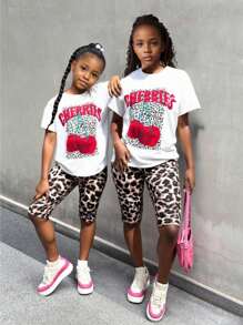 2件套女童休闲樱桃豹纹圆领T恤和短裤套装