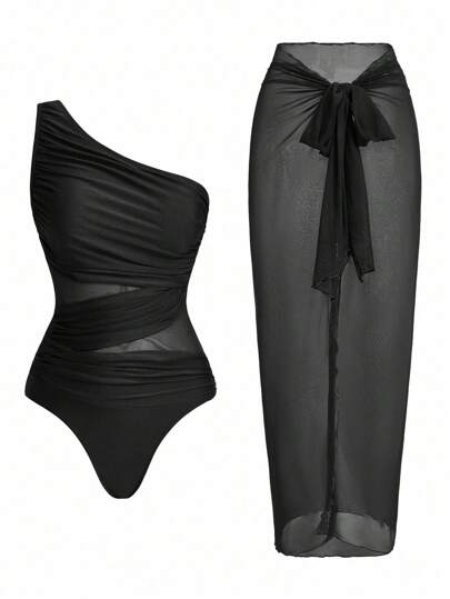 Swim Oasis Conjunto de traje de baño de una pieza sin mangas de unicolor con falda pareo para mujer