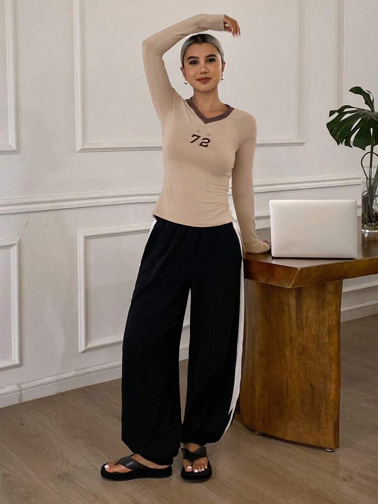 2pcs Women Star & Numeral Print V-Neck Slim Fit Long Sleeve T-Shirt And Loose Fit Long Pants Pajama Set, Fall Clothes