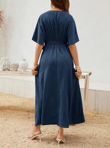 SHEIN Maternity Solid Color V-Neck Batwing Short Sleeve Pleated Dress - Navy Blue - View 2