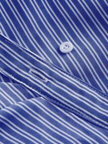 SHEIN MOD Áo sơ mi nữ cỡ lớn màu xanh navy sọc trắng cổ bẻ không đối xứng, thắt eo - Xanh đậm - Xem 4