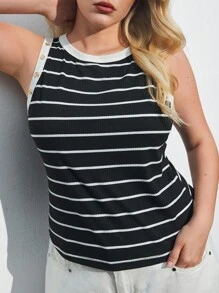 Maija 大码女式纽扣细节条纹圆领背心，适合夏季优雅时尚波西米亚海滩度假风格休闲夏季短款上衣，西部风商务休闲外出度假办公室