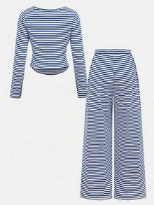 SHEIN Girlism 青少年女孩休闲日常修身 U 领长袖蓝白条纹蝴蝶结装饰针织 T 恤上衣和配套直筒宽裤 2 件套弹力针织条纹服装，舒适运动服套装