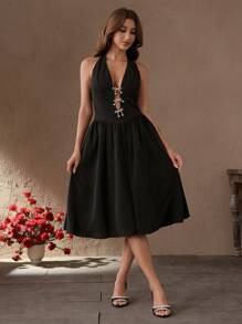 Savoree Ladies' Spring/Summer New Style European And American Hanging Neck Bow Deep V Backless Music Festival Bubble Sleeveless Black Dress - Black - View 1