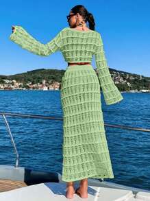 EURMUSE Women's Solid Color Long Sleeve Cropped Top And Hollow Out Jacquard Knit Mini Skirt 2 Pieces Set - Lime Green - View 2