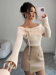 Elenzga Pulover minimalist cu umeri goi pentru femei, culoare solidă, pulover tricotat de zi cu zi, toamnă-iarnă - Kaki - Vizualizare 3