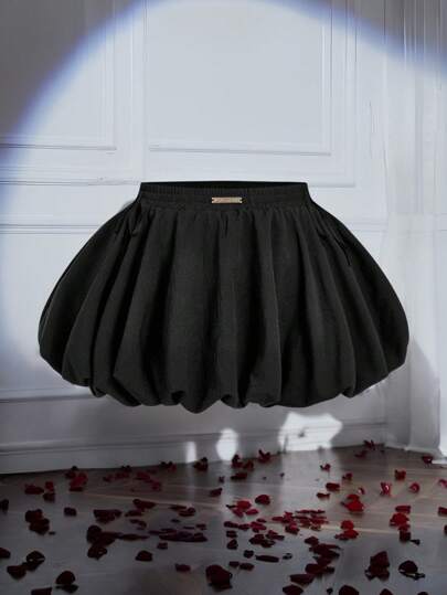 SHEIN MOD Plus Size Women Low-Waisted Black Skirt With Bowknot Lace Trim Black Bubble Skirt Balloon Skirt Bubble Mini Skirt,Retro,Elegant,Back To School