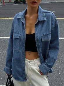 DAZY Vintage Washed Denim Long Sleeve Shirt - Blue - View 1