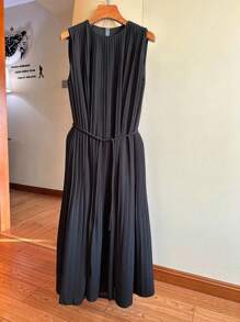 Roveilla Rochie lungă elegantă pentru femei, mărime plus, cu guler rotund, talie strânsă, fără mâneci, stil navetist