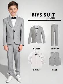SHEIN 4 件套青少年男孩绅士服装套装：背心 + 西装外套 + 衬衫 + 裤子 + 领结，适合生日派对、婚礼、毕业典礼、周年纪念的正式西装 - 灰色 - 查看 1