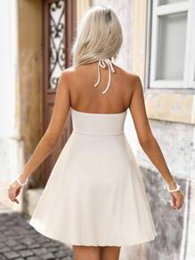 Brillora 1pc Women Solid Color Knitted Ruffled Halter Neck Mini Dress - Apricot - View 2