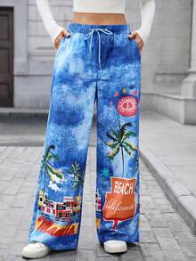SHEIN LUNE 休闲时尚个性阔腿宽松抽绳女式牛仔裤 - 藍色 - 查看 3