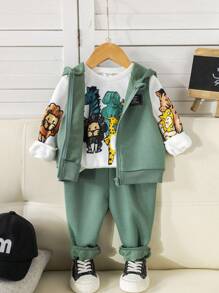 1. 男婴羊毛运动服，3 件套：连帽背心、长袖运动衫和带有可爱动物图案的慢跑裤，舒适百搭，适合室内/室外、日常穿着、运动、玩耍、派对、拍照、度假、返校、街头服饰，适合春季、夏季、秋季、冬季。 - 綠色 - 查看 7