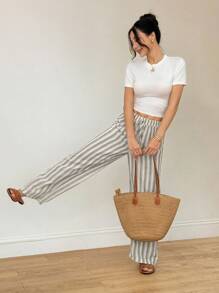 SHEIN PETITE 女式度假休闲条纹直筒裤 - 卡其色 - 查看 6