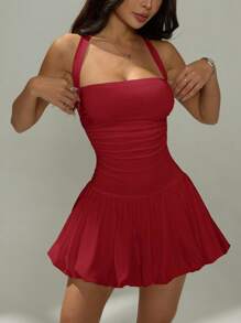 SHEIN PETITE Đầm xòe mini đơn giản hở lưng buộc dây cổ cho nữ màu trơn - Màu Đỏ Sâu - Xem 5
