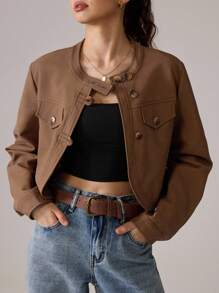 SHEIN MOD 女士拉链短款秋季外套，休闲拉链常规袖立领修身咖啡棕色纯色女式外套，适合秋冬季日常休闲穿着、外出、锐舞派对等场合。 - 黃色 - 查看 6