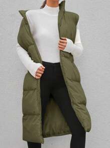 EURMUSE Solid Hooded Vest Puffer Coat - Dark Green - View 5