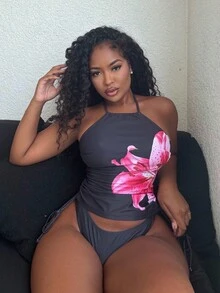 Alexandranx Tankini de traje de baño de mujer con estampado floral y tirantes finos