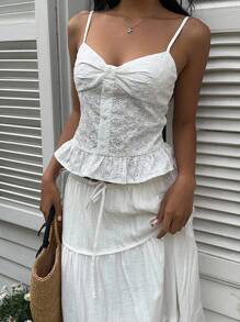 SHEIN EZwear 女士休闲度假纯色镂空刺绣细肩带 - 白色 - 查看 4