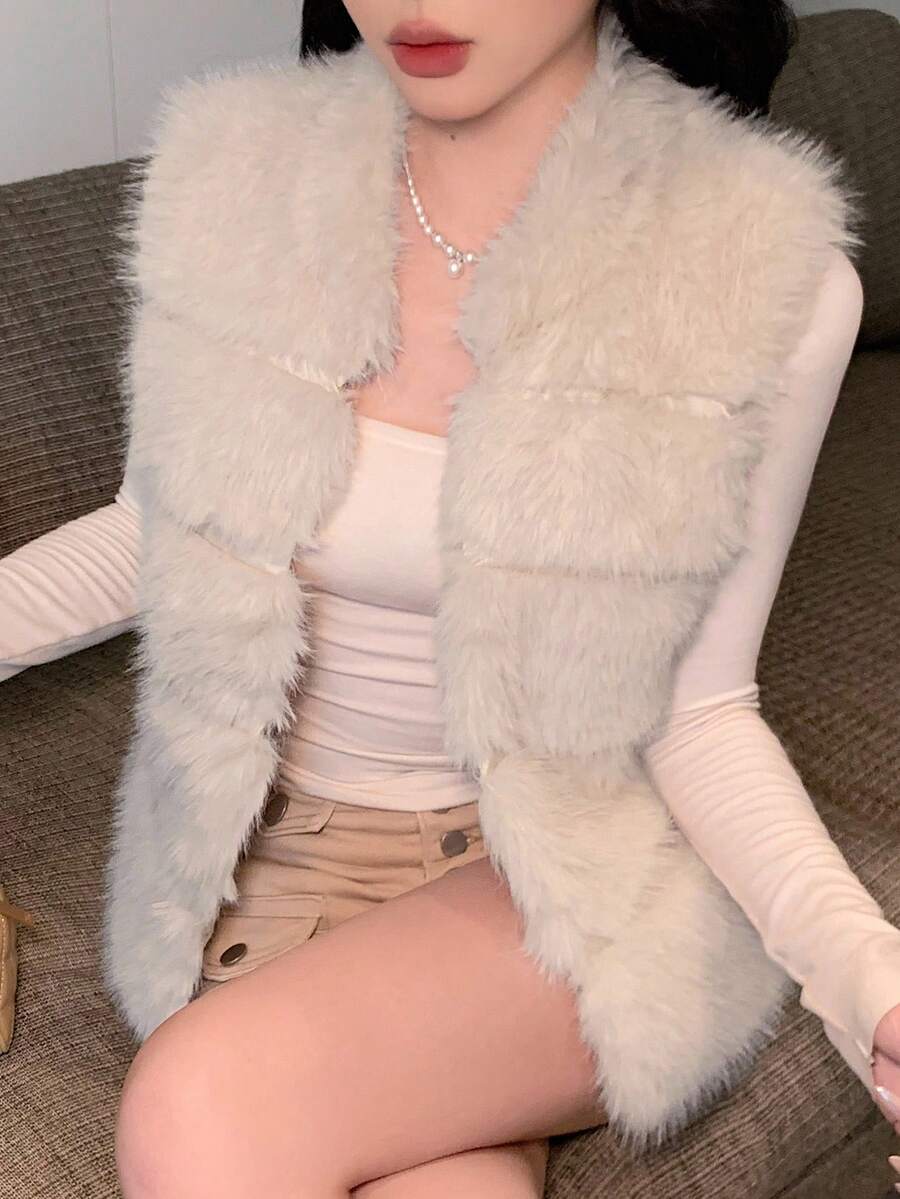 DAZY 女士优雅蓬松背心，秋冬季外套背心女式大衣 - 米色 - 查看 1