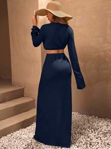 SHEIN Tall Đầm dự tiệc màu trơn cổ chữ V sâu tay dài khoét eo xẻ tà gợi cảm cho nữ - Màu xanh hải quân - Xem 2