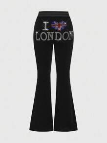 ROMWE J-Fashion Women's Y2K Baddie Low Waist "I Love London" Rhinestone Flare Velvet Pants