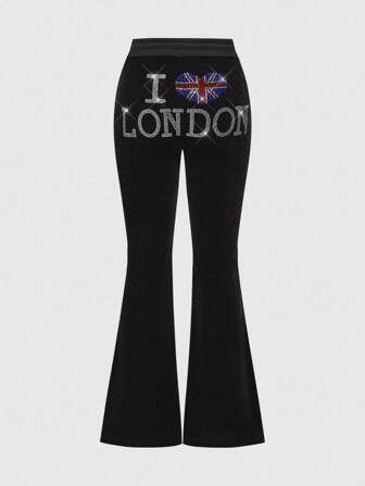 J-Fashion Pantalones de terciopelo acampanados con efecto "I Love London" y strass, de talle bajo, estilo Y2K "Baddie" para mujer