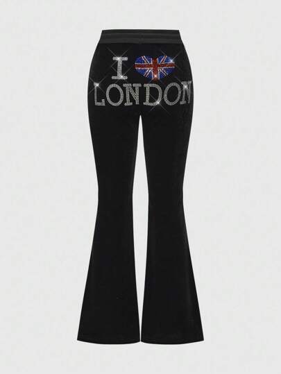 J-Fashion Damen Y2K Baddie Hüfthohe "I Love London" Strass Schlaghose aus Samt