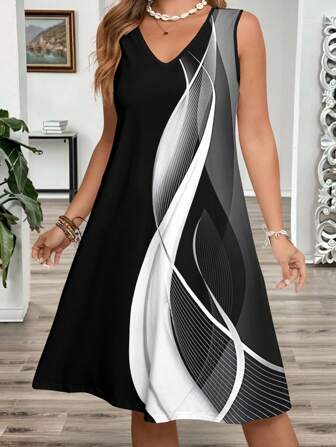 SHEIN LUNE Vestido línea A con estampado abstracto de bloques de color para mujeres de talla grande para vacaciones, vestido tipo tirante sin mangas con escote en V, vestido de verano de moda, vestido de playa para mujer