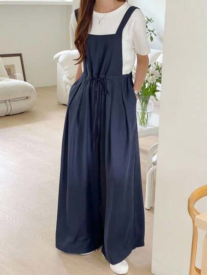 DAZY Summer Solid Color Waist Tie Casual Overalls Jumpsuitlounge Sets For Women