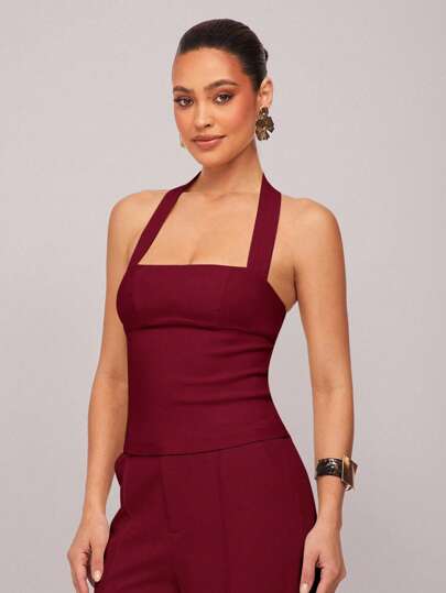 Silquee Women's Solid Color Fitted Halter Neck Camisole Red Halter Top Burgundy Halter Top Wine Halter Top Burgundy,Red Top
